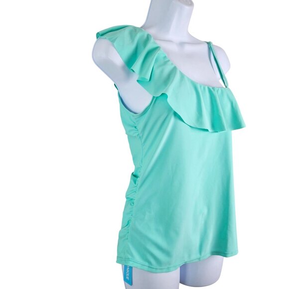 One-Shoulder Ruffle Swimsuit in Aqua - Picture 11 of 11